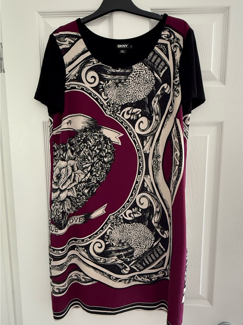 DKNY Burgundy, Black & Cream Graphic Shift Dress